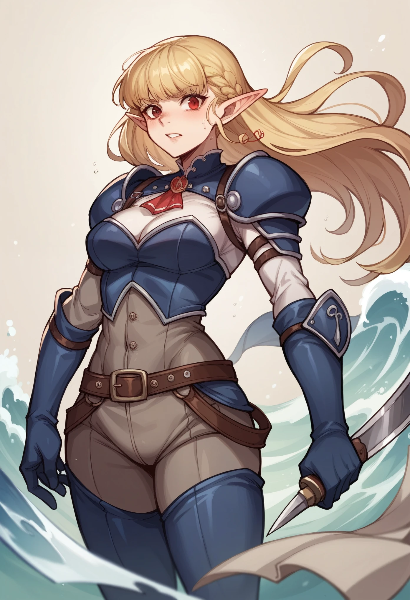 The -yeld eleroine has striking blonde hair that falls in tousled waves around her face, framing her delicate features. Her slender physique exudes a sense of agility and flexibility, perfectly suited to her robber persona. Clad in rugged dark robber attire, she wears protective leather armor that suggests her preparedness for any encounter. The glint of throwing knives secured to her belt adds a dangerous edge to her youthful and energetic aura, hinting at the formidable skills hidden beneath her seemingly innocent appearance.