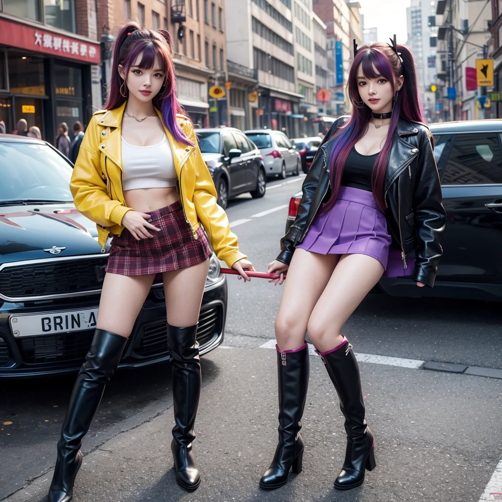 best quality,In 4K,beautiful girl,gravure idol,model,red,purple,Green outfit smile,highest quality,big breasts,hyper real stick、Long trousers,She has her bangs down,beautiful girl,Maid clotheasterpiece,perfect face,perfect breasts,long hair,Outstanding style,stimulating,Cute outfits,Horny girl,double eyelid,Naughty Girls,Erotic and cute,mini skirt,ribbon on uniform,colorful hair color,yellow eyes,leather jacket,horny girl,Knee-high boots,
Colorful,Multicolor,future fashion