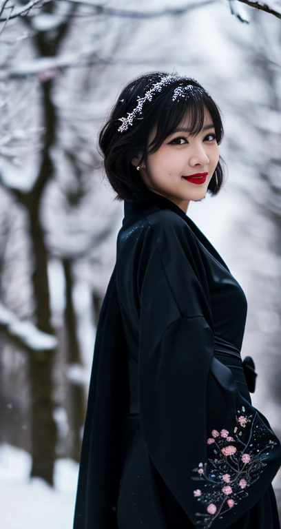 (A pretty detailed woman in a black kimono dress & pink cherry blossom designs, short bob_hair_side_bangs, subtle dimpled smile, fair skin, Sith_Lord_vibes, walking in a snowy Silent_Hill at night, turns around for "i'm worth it" pose, obligatory_product_placement, comic_relief, dark_lips, dark_knight, dark_side_of_the_force, dark_humour, dark_background, dawn sunrise, extremely detailed skin, extremely detailed eyes, depth of field, 8k, dslr, dim lighting, warm spotlight, high quality, film grain, the_cowboy_shot) #SurvivorHorror #ResidentEvil2