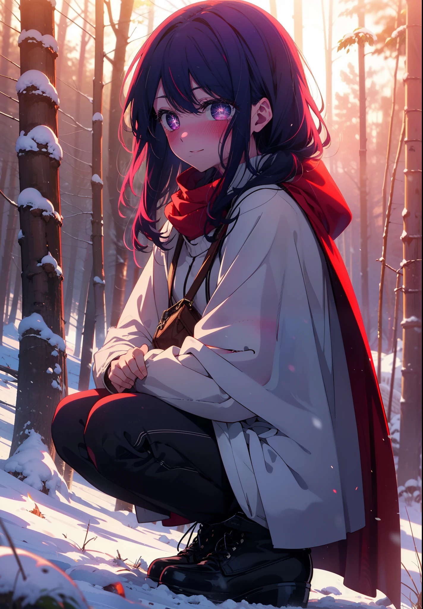 aihoshino, Ai Hoshino, Long Hair, bangs, (Purple eyes:1.1), Purple Hair, (Symbol-shaped pupil:1.5), smile,,smile,blush,White Breath,
Open your mouth,snow,Ground bonfire, Outdoor, boots, snowing, From the side, wood, suitcase, Cape, Blurred, , forest, White handbag, nature, Squat, Mouth closed, Cape, winter, Written boundary depth, Black shoes, red Cape break looking at viewer, Upper Body, whole body, break Outdoor, forest, nature, break (masterpiece:1.2), Highest quality, High resolution, unity 8k wallpaper, (shape:0.8), (Beautiful and beautiful eyes:1.6), Highly detailed face, Perfect lighting, Highly detailed CG, (Perfect hands, Perfect Anatomy),