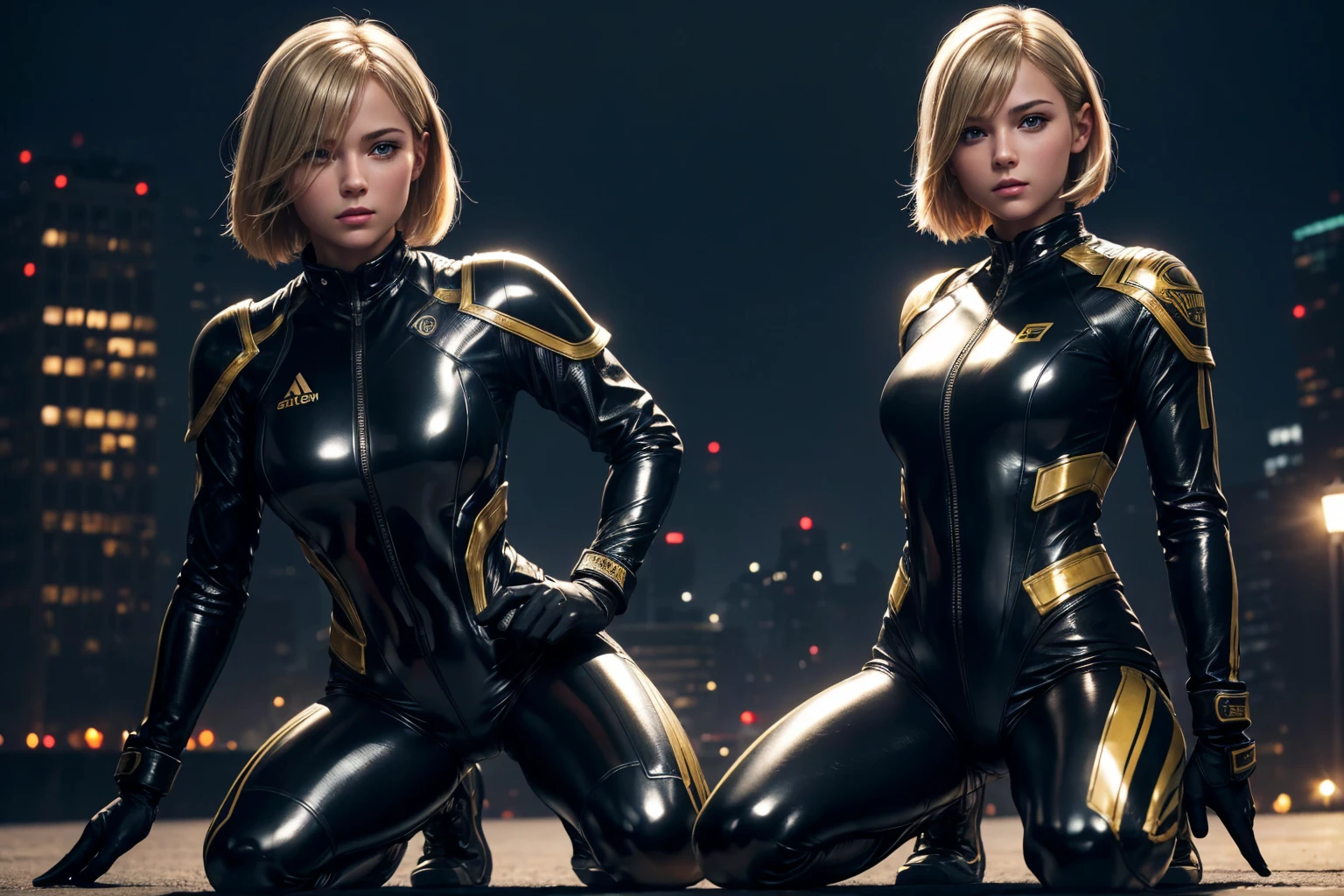 (best quality,4K,8k,high resolution,masterpiece:1.2),Ultra-detailed,(realistic,photorealistic,photo-realistic:1.37), RUSSIAN female fighter with slim physique and small face, cute, 2 girls, 18 years old, Kneeling pose, BLONDE LONG BOB CUT hair, shiny black tight-fitting combat suit with enamel finish, tight suit, gloves, Steel city background, night lighting

