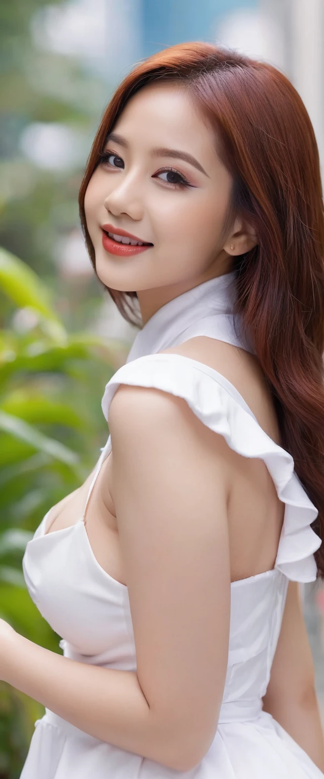 Masterpiece, Beautiful, Indonesian , 20 Years Old, red lipstick, sensual Lipstick, Sensational Make up, make up artist, Colossal Chest, White Skin, Pose, Cleavage, White Maid Outfit, Blue Eye, Muscles:1.3, Outdoor, Bokeh:1.3, pink Hair, Adorable, Smiling