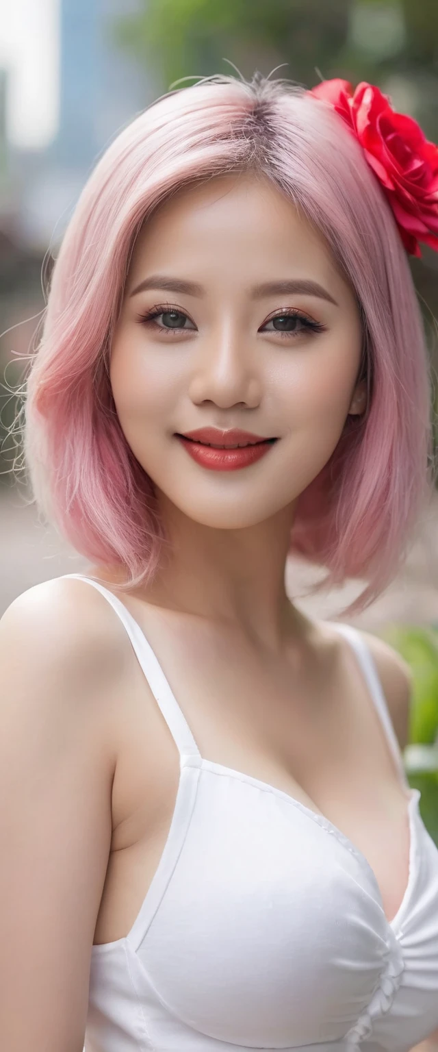 Masterpiece, Beautiful, Indonesian Baby Face, 20 Years Old, red lipstick, sensual Lipstick, Sensational Make up, make up artist, Colossal Chest, White Skin, Pose, Cleavage, White Maid Outfit, Blue Eye, Muscles:1.3, Outdoor, Bokeh:1.3, pink Hair, Adorable, Smiling