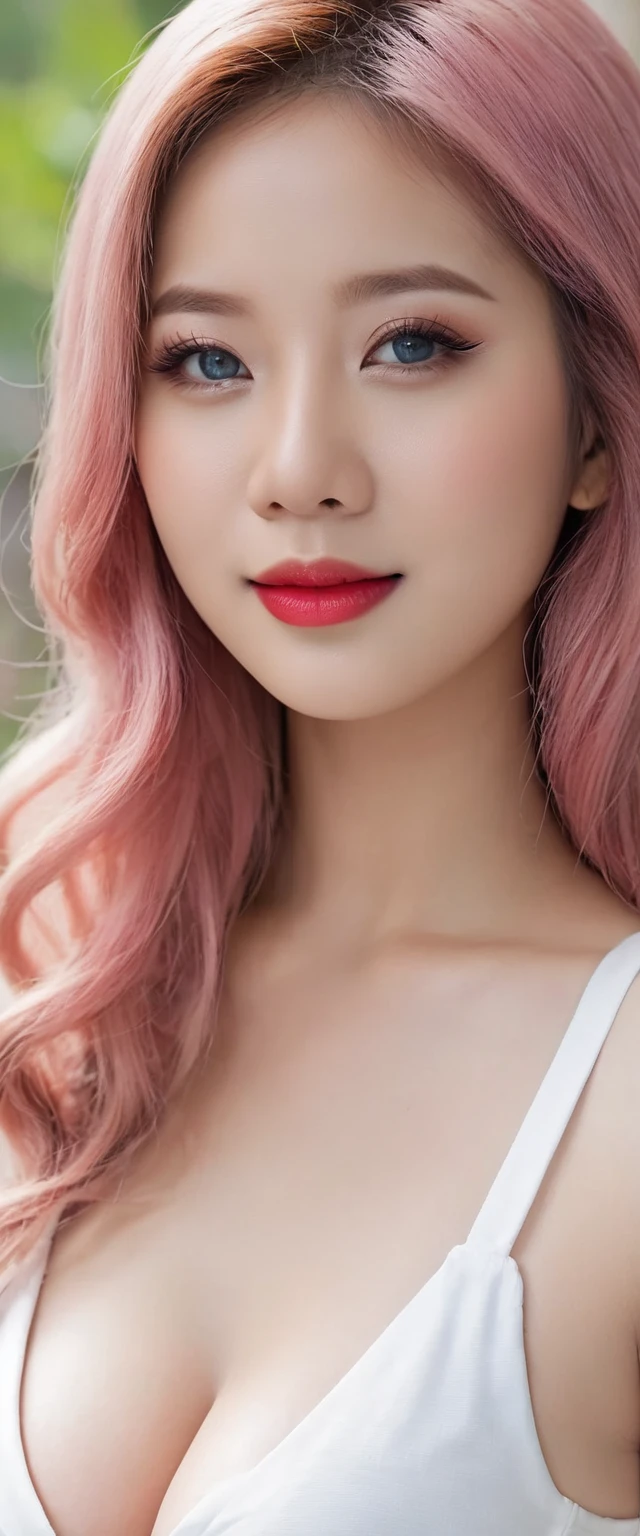 Masterpiece, Beautiful, Indonesian Baby Face, 20 Years Old, red lipstick, sensual Lipstick, Sensational Make up, make up artist, Colossal Chest, White Skin, Pose, Cleavage, White Maid Outfit, Blue Eye, Muscles:1.3, Outdoor, Bokeh:1.3, pink Hair, Adorable, Smiling