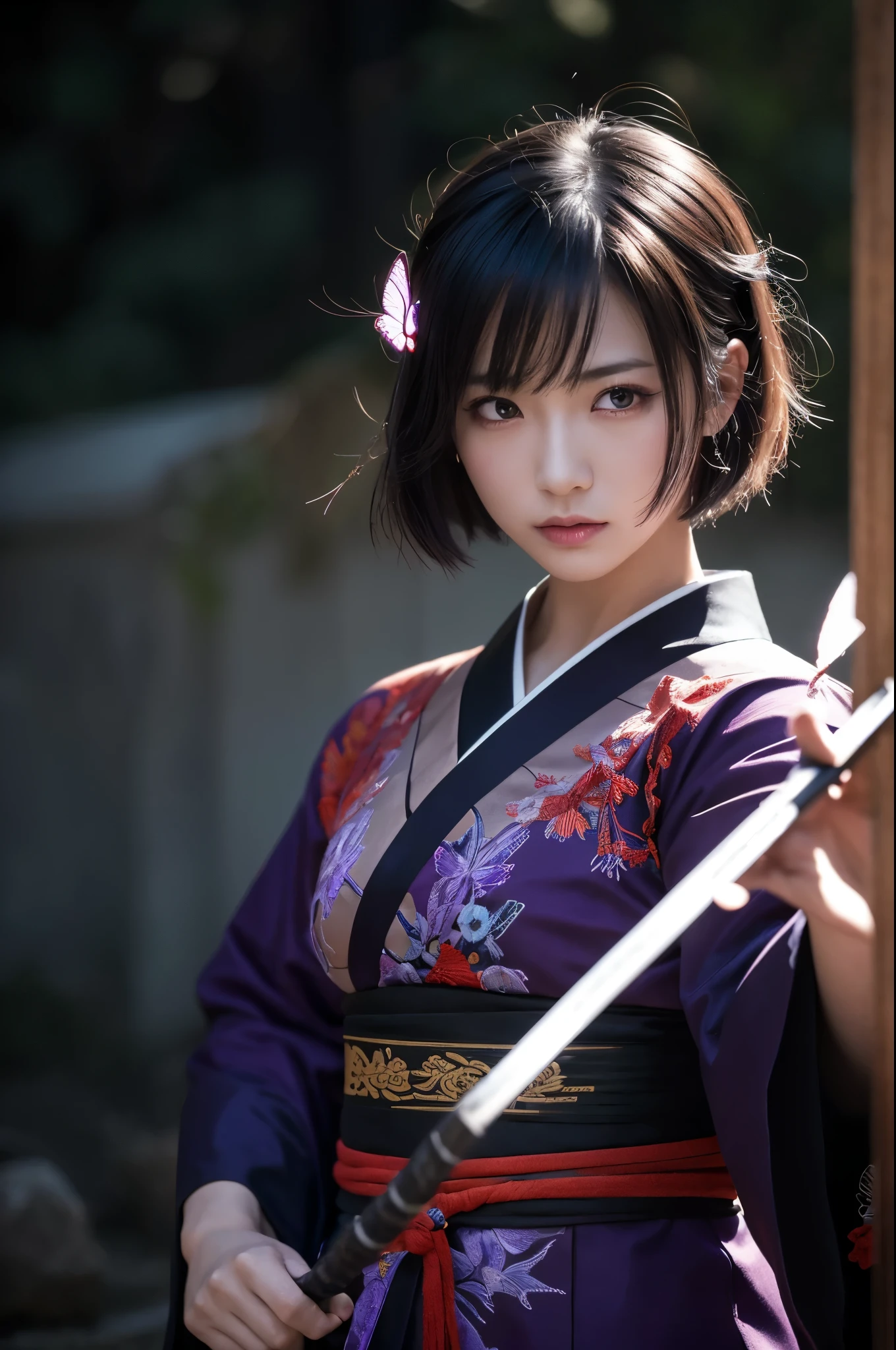 8K,Women in traditional Japanese kimonos fighting,(Dark Shot:1.4), 80mm, (Dark Shot:1.4), 80mm, A magnificent reality, Big eyes,Black short bob hair,Black and purple butterfly hair ornament,Black kimono and red obi,黒と紫のButterfly embroidery(精密なButterfly embroidery),Purple eyes(Purple Effect),mat, art,Horror movie lights, Photo Lab, High resolution, 複雑で非常にdetailed, (Depth of written border:1.4), (Dark Shot:1.22), (artステーション:1.2), 超detailedな, dramatic, Intricate details, (Technicolor:0.9), (Rutkowski:0.8), Like a horror movie, detailed, Soft Light, sharp, Exposure Blending, Medium Shot, (Noir:0.4), horror light,sharp, Exposure Blending、Medium Shot,Photorealistic RAW photos of the highest quality。Backlight, Cinema Lighting, Film Grain, to be born, 50mm lens, Nikon D850,Realistic Skin,ファンタジーart,キャラクターart,超High resolution,Muscular and slim body,super Realistic Skin,Late Night,Underworld demon makeup,Battle Scenes,Action Scenes,Action pose,激しいAction pose,fierce fighting,Holding a dagger,Acrobatic pose,Fighting Style,Butterfly embroidery,Dim forest,