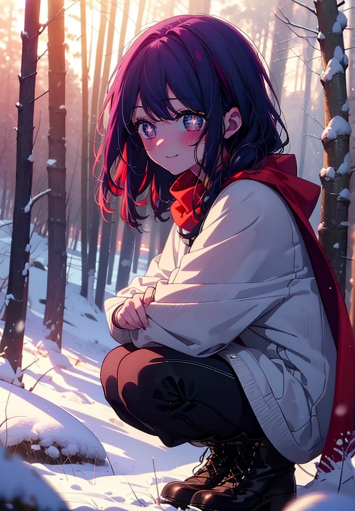 aihoshino, Ai Hoshino, Long Hair, bangs, (Purple eyes:1.1), Purple Hair, (Symbol-shaped pupil:1.5), smile,,smile,blush,White Breath,
Open your mouth,snow,Ground bonfire, Outdoor, boots, snowing, From the side, wood, suitcase, Cape, Blurred, , forest, White handbag, nature,  Squat, Mouth closed, Cape, winter, Written boundary depth, Black shoes, red Cape break looking at viewer, Upper Body, whole body, break Outdoor, forest, nature, break (masterpiece:1.2), Highest quality, High resolution, unity 8k wallpaper, (shape:0.8), (Beautiful and beautiful eyes:1.6), Highly detailed face, Perfect lighting, Highly detailed CG, (Perfect hands, Perfect Anatomy),