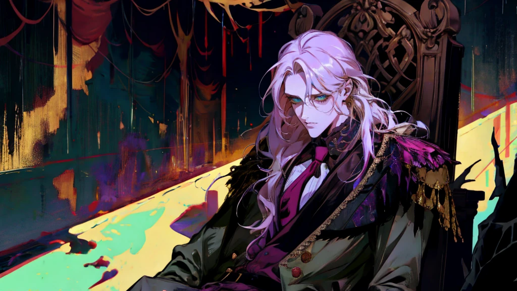 ((1 male)). ((manly:1.2)), Create a detailed portrait of a man with long hair that transitions from black at the roots to lavender at the ends, styled in an ombre effect. His hair is meticulously tied back in a sleek ponytail with no bangs. He has striking green eyes that contrast with his pale skin, adding a hint of vibrancy to his exhausted appearance. His face is etched with fatigue and weariness, reflecting the toll of extensive obsession, with dark circles under his eyes and a slightly furrowed brow. He is dressed in baggy, cyberpunk-style clothing in black and white shades, which drape loosely over his slender frame. The setting is a dark, cluttered room, resembling a torture chamber, illuminated by cold, dim lighting that casts long shadows, enhancing the oppressive and sinister atmosphere. The man is sitting on a chair, with a dynamic, slightly slouched pose, as if caught between rest and alertness. His eyes have a haunting, obsessive glint. The background features a golden cage and various ominous instruments and devices, reinforcing the sense of a dystopian, worn-out world. Add elements of eerie laughter and faint, unsettling noises to enhance the theme of obsession and dark intent. [yoshitaka amano character design grief despair lustful innocence] [Style by NTY male Dark colorful]