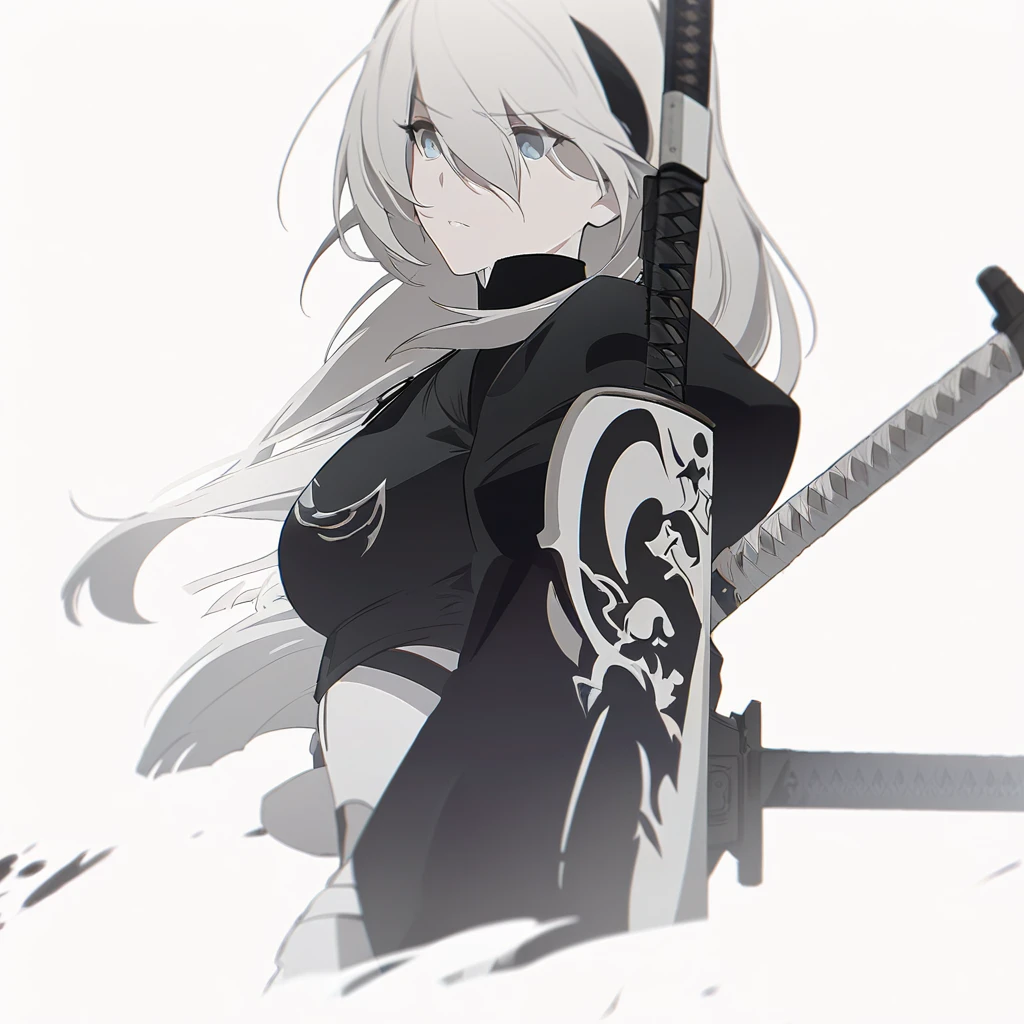Close-up of a woman in a black and white outfit holding a sword, concept art, inspired by Krenz Kuschart, winner of the pixiv competition, What's it?, Nier autoamata, 2b Nier automata, Nier : inspired by machine guns, Nier:inspired by machine guns, Nier 2 b, Nier, Nier automata concept artsyle, pale black armor