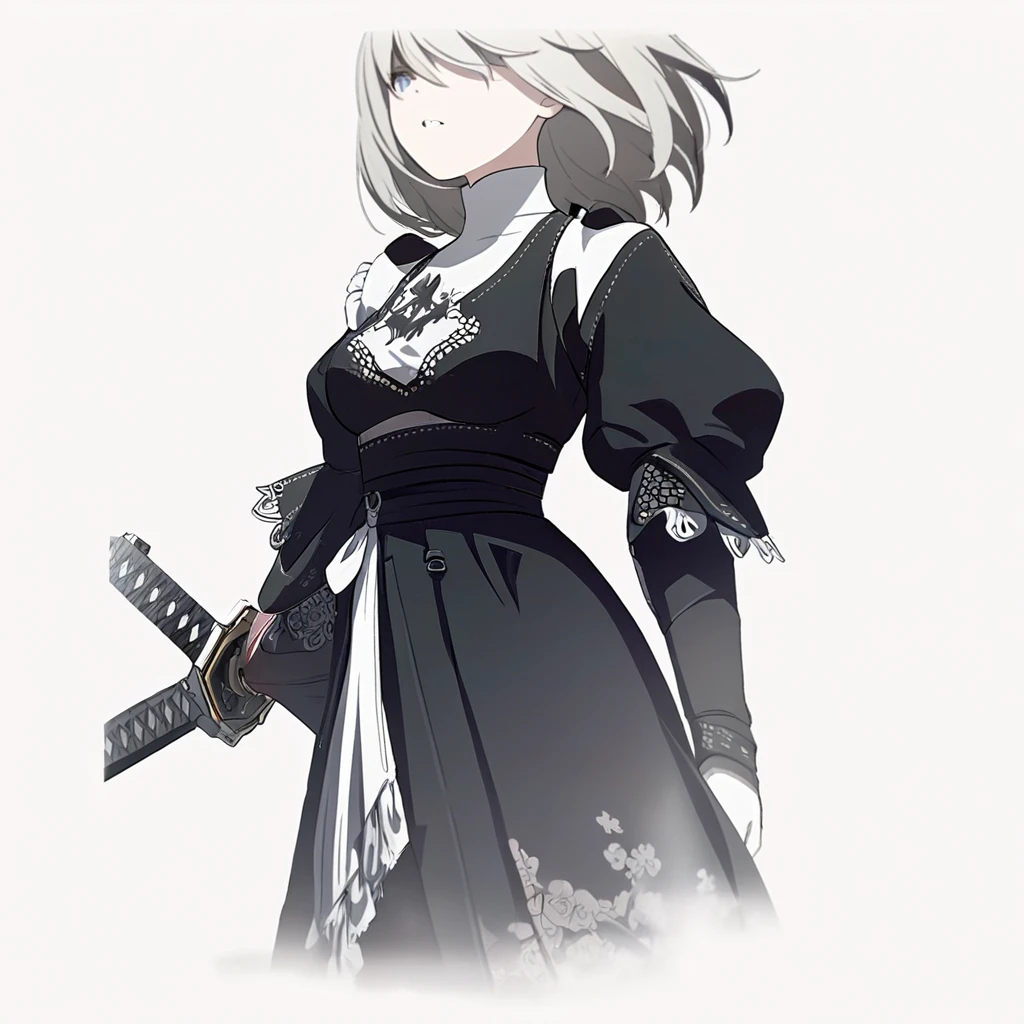 Close-up of a woman in a black and white outfit holding a sword, concept art, inspired by Krenz Kuschart, winner of the pixiv competition, What's it?, Nier autoamata, 2b Nier automata, Nier : inspired by machine guns, Nier:inspired by machine guns, Nier 2 b, Nier, Nier automata concept artsyle, pale black armor
