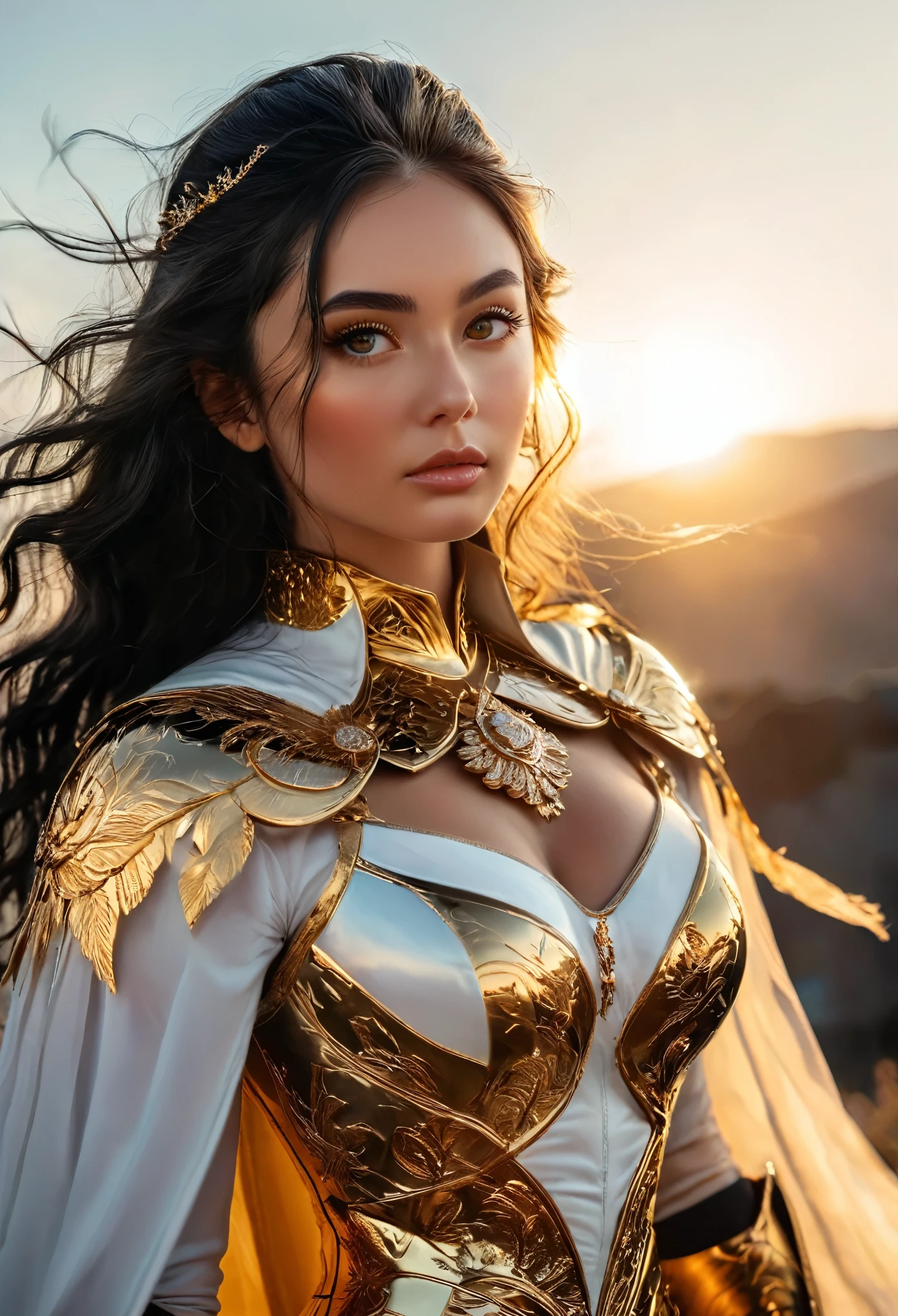 Very beautiful young woman, Subtle makeup, Golden Hour, Realistic, High Contrast, 8k HD, detailed, hyper-detailed, Realistic skin texture, high nose, long eyelashes, Long black hair, Large Breasts, Highest quality, Ultra-high resolution, RAW Photos, Dramatic lighting, Unreal Engine, Diffused glow complex silver airbag, White Emperor's Cape, gun, sword, Rudderless
