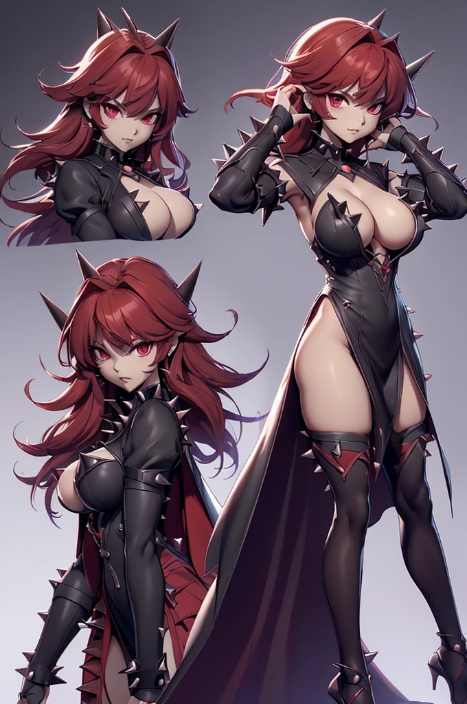 Scarlet Castlevania, (Scarlet Castlevania), tenebrosa, standing alone, ray tracing, 3D style, 3dmm, ((3 poses per photo)), ((3 poses in each photo)), fully body,(from front view),(Rear view), (view on the left), blackstockings, Tear at the waist,(((3 poses per photo))),((symetry)) ,((ultra realistic skin)),(minimalist details),((large open dress with v-cuts)),(((dress with spikes))),(((slits between the legs))),(((well-defined groin))),(drawn curve),(((necklines))),(((thick and beautiful legs))),(((big boobies))),(((show your hips too much)))