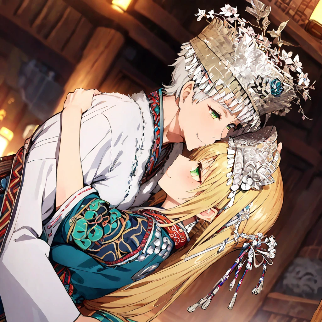 ((Highest quality)), ((masterpiece)), (detailed), （Perfect Face）、The woman is a Tier, with green eyes, medium blonde hair, ethnic medicine and a gorgeous hat.、Smiling with a gentle smile、A woman is embracing an old man dressed in ethnic clothing and they are engaged in a deep kiss、The whole body is in the frame