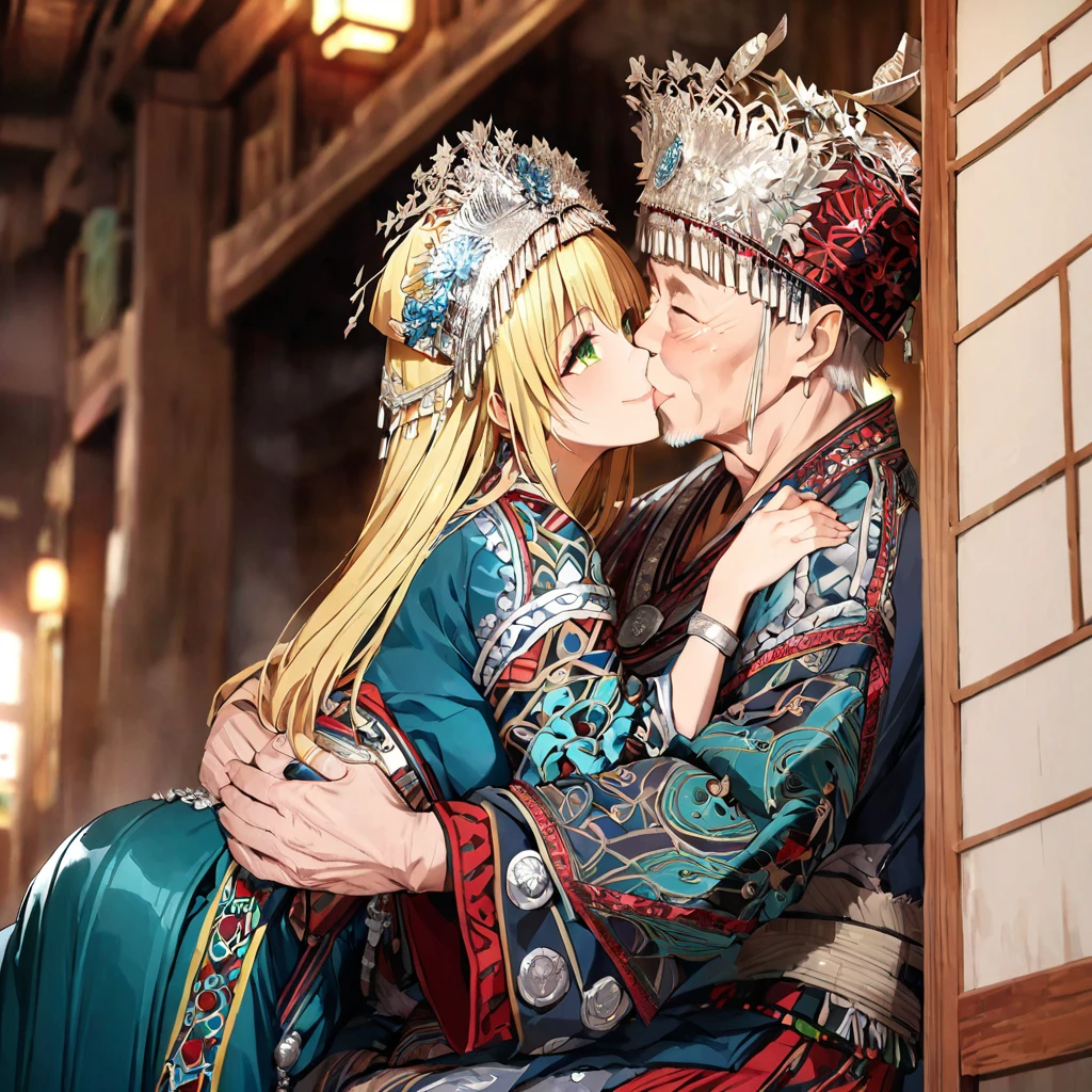((Highest quality)), ((masterpiece)), (detailed), (Perfect Face)、The woman is a Tier, with green eyes, medium blonde hair, ethnic medicine and a gorgeous hat.、Smiling with a gentle smile、A woman is embracing an old man dressed in ethnic clothing and they are engaged in a deep kiss、The whole body is in the frame