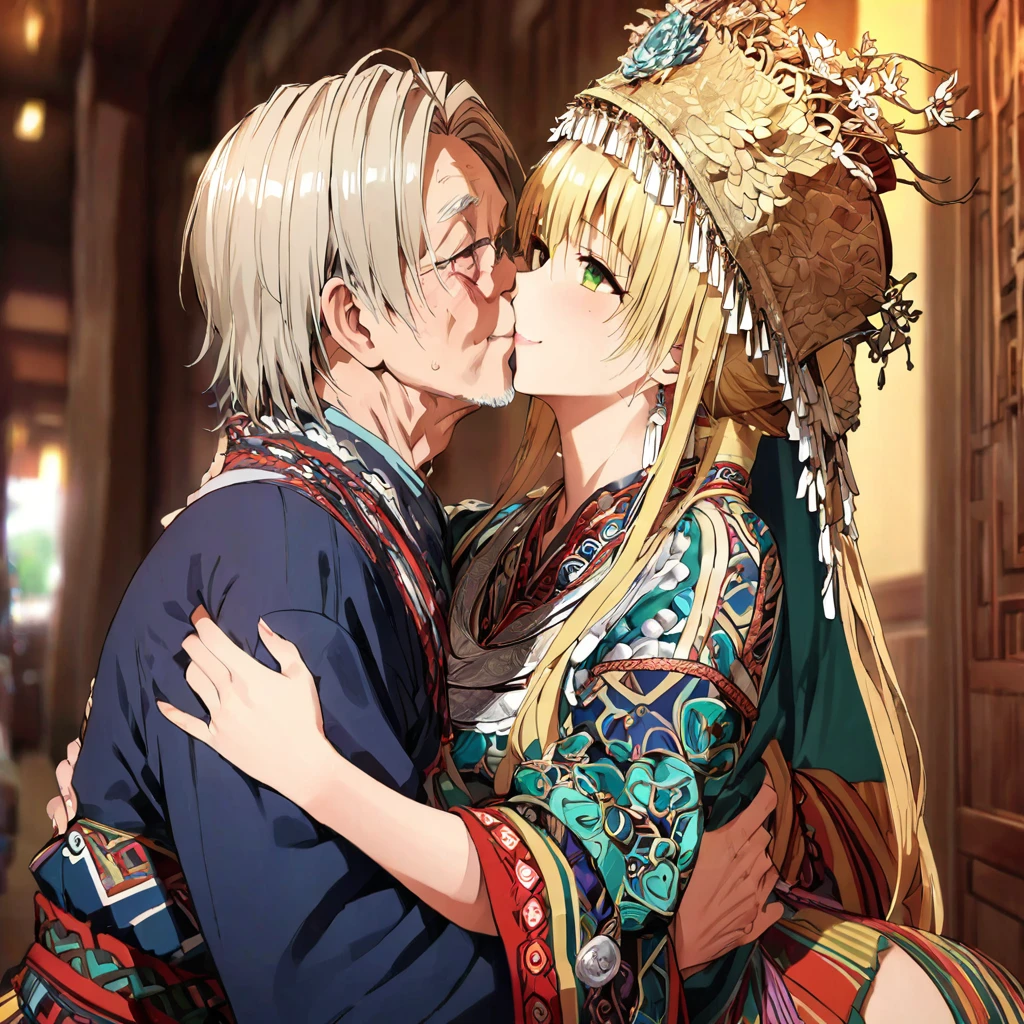 ((Highest quality)), ((masterpiece)), (detailed), （Perfect Face）、The woman is a Tier, with green eyes, medium blonde hair, ethnic medicine and a gorgeous hat.、Smiling with a gentle smile、A woman is embracing an old man dressed in ethnic clothing and they are engaged in a deep kiss、The whole body is in the frame