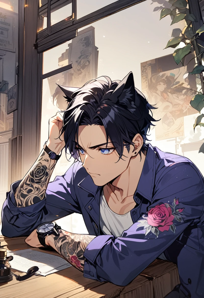 1man, short black hair, cat ears, bright blueviolet eyes, wearing a blueviolet casual jacket, wearing a white undershirt, wearing black pants , wearing a vintage blueviolet watch, thinking pose, arm tattoos, tattos all over the arm, rose tattoos, exposing arm 