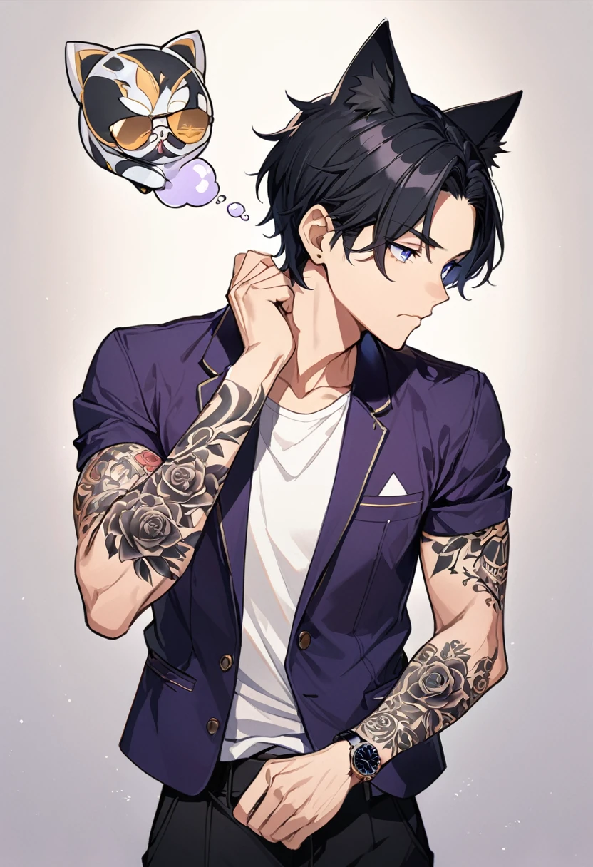 1man, short black hair, cat ears, bright blueviolet eyes, wearing a blueviolet casual jacket, wearing a white undershirt, wearing black pants , wearing a vintage blueviolet watch, thinking pose, arm tattoos, tattos all over the arm, rose tattoos, exposing arm