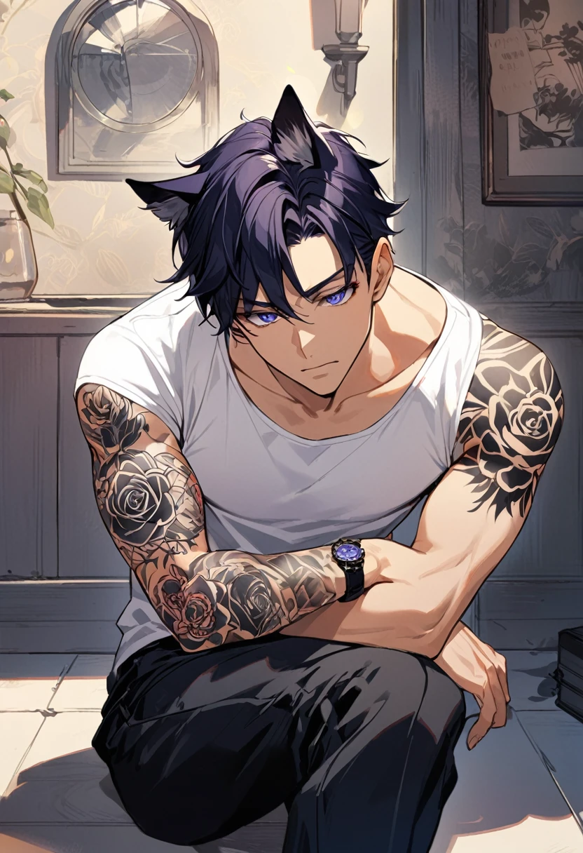 1man, short black hair, cat ears, bright blueviolet eyes, wearing a blueviolet casual jacket, wearing a white undershirt, wearing black pants , wearing a vintage blueviolet watch, thinking pose, arm tattoos, tattos all over the arm, rose tattoos, exposing arm 