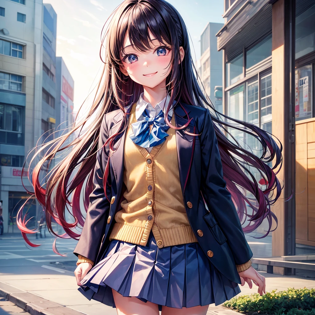 Girl，Elementary school girl，５Year old girl，smile， girl，masterpiece，Beautiful cutenesodel，Cute Girls，Long Hair，Sparkling eyeulticolored hair colors，uniform，blazer，cardigan，perfection，Angel，Best Quality，8K