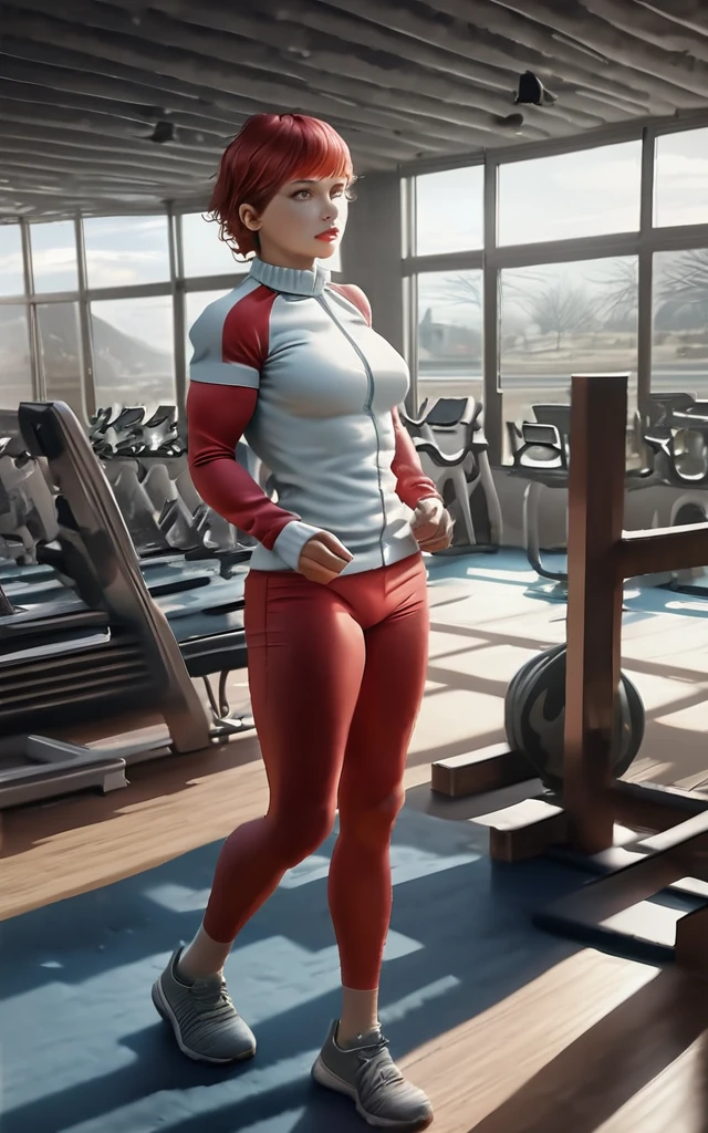 a beautiful anime girl with short red hair, striking yellow eyes, a toned six pack body, wearing a tight white gym outfit, posing confidently in a modern, well-equipped gym setting, photorealistic, cinematic lighting, vibrant colors, highly detailed, intricate texture, dynamic composition, (best quality,4k,8k,highres,masterpiece:1.2),ultra-detailed,(realistic,photorealistic,photo-realistic:1.37),extremely detailed eyes and face,longeyelashes,beautiful detailed lips,beautiful detailed eyes,muscular body,fit athletic,cinematic lighting,vibrant colors,dynamic composition,modern gym,sports equipment,high quality,highly detailed