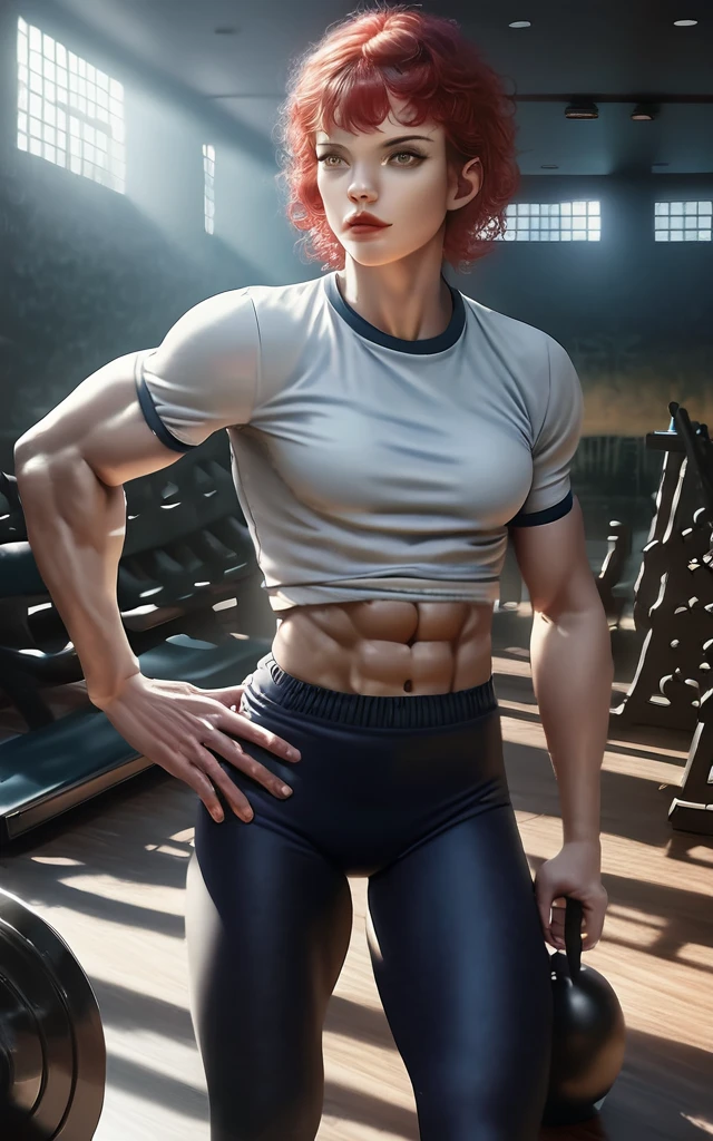 a beautiful anime girl with short red hair, striking yellow eyes, a toned six pack body, wearing a tight white gym outfit, posing confidently in a modern, well-equipped gym setting, photorealistic, cinematic lighting, vibrant colors, highly detailed, intricate texture, dynamic composition, (best quality,4k,8k,highres,masterpiece:1.2),ultra-detailed,(realistic,photorealistic,photo-realistic:1.37),extremely detailed eyes and face,longeyelashes,beautiful detailed lips,beautiful detailed eyes,muscular body,fit athletic,cinematic lighting,vibrant colors,dynamic composition,modern gym,sports equipment,high quality,highly detailed