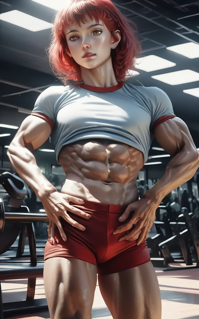 a beautiful anime girl with short red hair, striking yellow eyes, a toned six pack body, wearing a tight white gym outfit, posing confidently in a modern, well-equipped gym setting, photorealistic, cinematic lighting, vibrant colors, highly detailed, intricate texture, dynamic composition, (best quality,4k,8k,highres,masterpiece:1.2),ultra-detailed,(realistic,photorealistic,photo-realistic:1.37),extremely detailed eyes and face,longeyelashes,beautiful detailed lips,beautiful detailed eyes,muscular body,fit athletic,cinematic lighting,vibrant colors,dynamic composition,modern gym,sports equipment,high quality,highly detailed