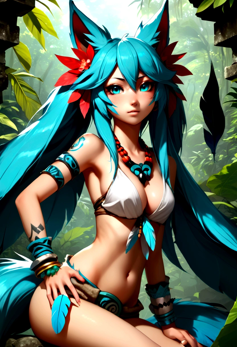 Miku Hatsune, add high definition add_detail:1, blue fur,kitsune ears, tribal tattoo add_detail:1, in a ruins in the jungle, barefoot, tribal costume add_details:1, giant aqua feather wings add_detailsl:1 ,alas hermosas la mejor calidad y detail en las plumas, add blue saturation light_detailsl, sensual pose