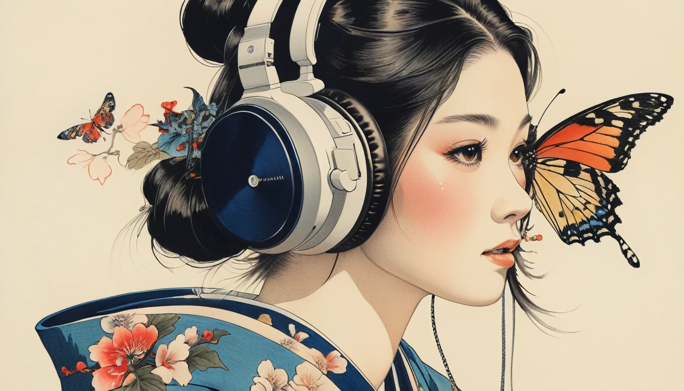 Tattoo on face, Katsushika Hokusai, Ink Painting, beautiful girl, Japanese style headphones, Delicate and precise, Modern ukiyo-e style, long hair, Kimono with butterfly print