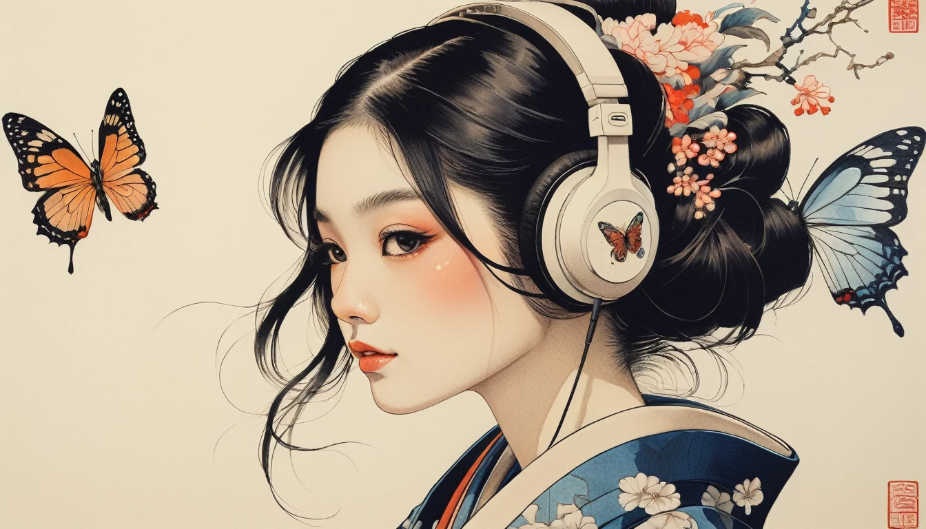 Tattoo on face, Katsushika Hokusai, Ink Painting, beautiful girl, Japanese style headphones, Delicate and precise, Modern ukiyo-e style, long hair, Kimono with butterfly print