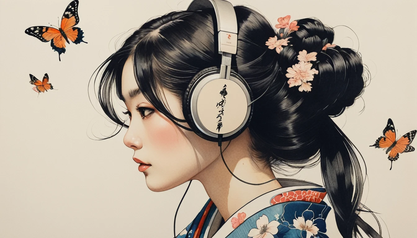 Tattoo on face, Katsushika Hokusai, Ink Painting, beautiful girl, Japanese style headphones, Delicate and precise, Modern ukiyo-e style, long hair, Kimono with butterfly print