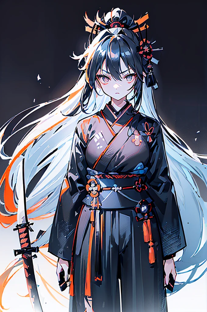 ((((Black katana))))　(((Light blue long hair　Light orange eyes and black samurai uniform　White band　Victory)))　((Black notes　night　Japanese style　Mature))