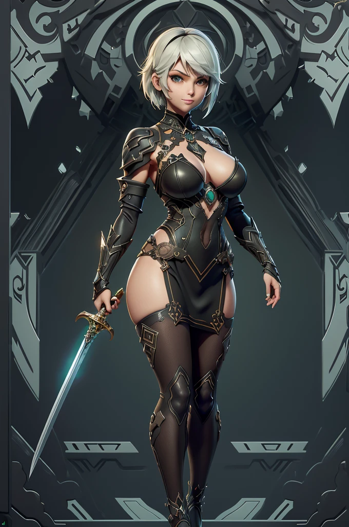 gorgeous woman, warrioress, with futuristic sword wrapped in dark structure, green leds, Beautiful girl, Waist slender, imponent pose, Grinning,sexly, extreme extravagant necklines,huge slits revealing a lot of the body,slim, fitness, full body being displayed,Nier-Automata,hips showing too much and beautiful curves,(showing hips to the top of the waist),((do not cover the hip))