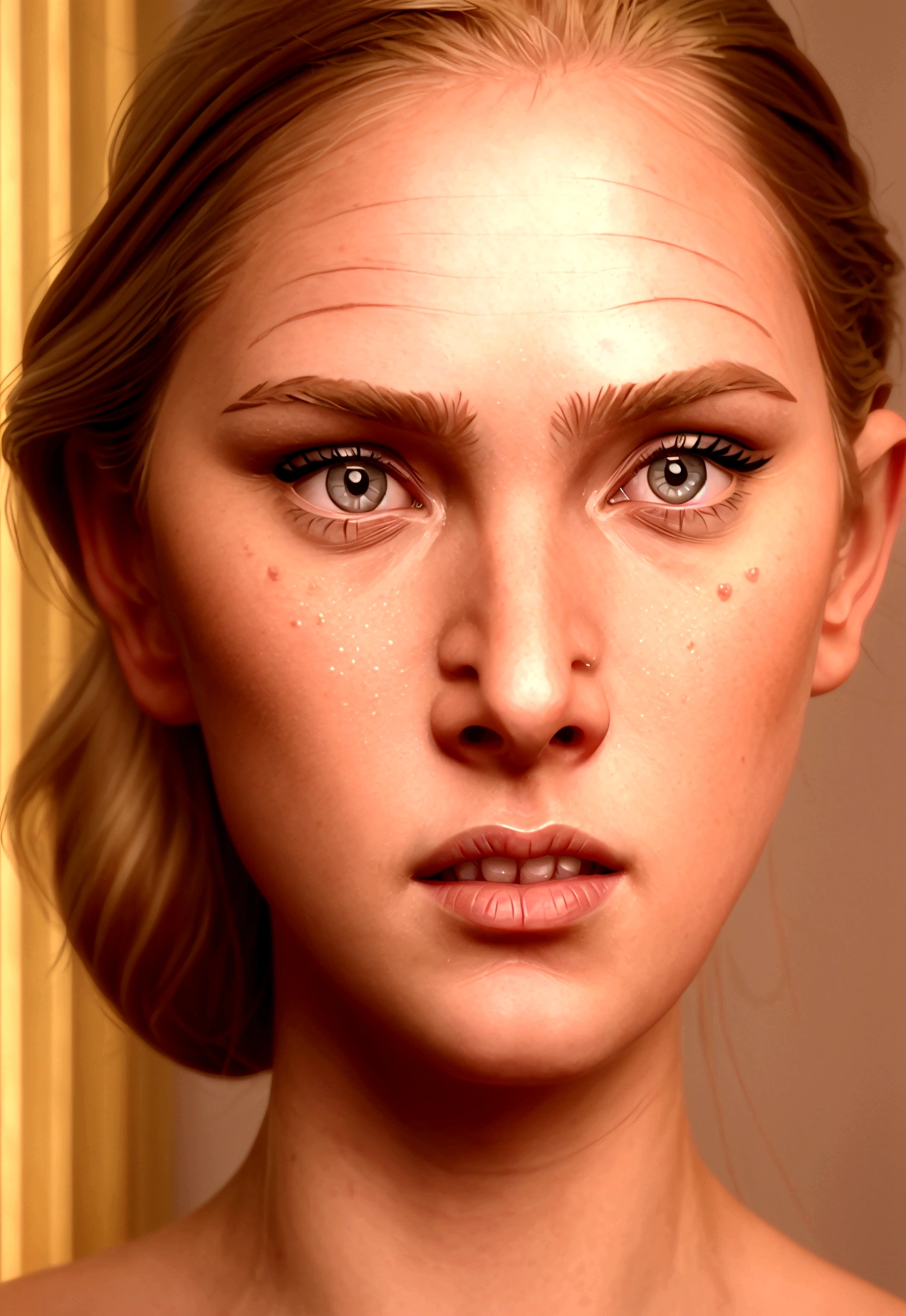 A close-up portrait of Anna Taylor, a beautiful blonde woman with an expression of surprise. The focus is on her wide, expressive eyes that convey a sense of wonder and astonishment. Her delicate facial features, including her flawless skin, full lips, and arched eyebrows, are rendered in exquisite detail, further emphasizing the intensity and emotion of her surprised expression.