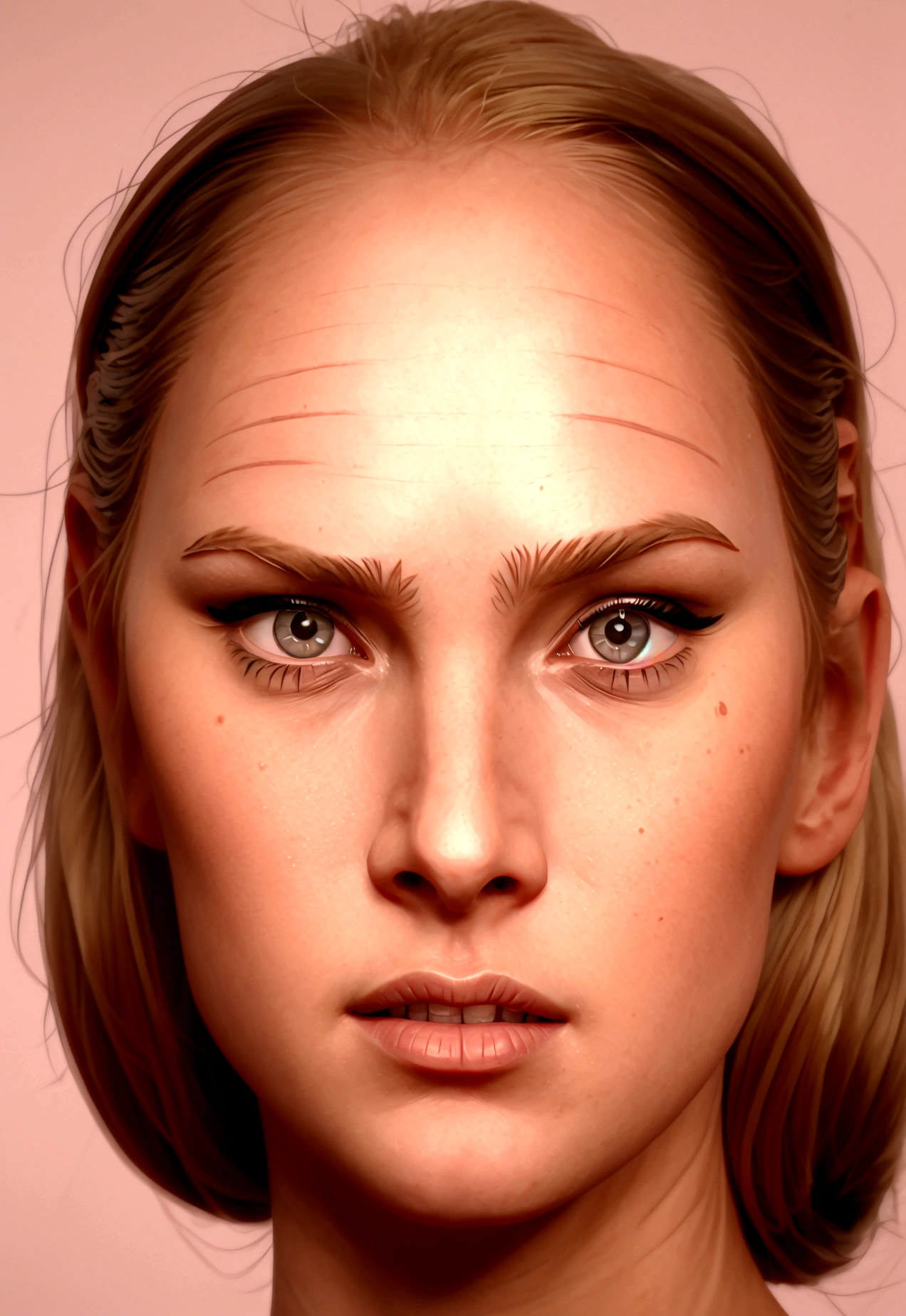 A close-up portrait of Anna Taylor, a beautiful blonde woman with an expression of surprise. The focus is on her wide, expressive eyes that convey a sense of wonder and astonishment. Her delicate facial features, including her flawless skin, full lips, and arched eyebrows, are rendered in exquisite detail, further emphasizing the intensity and emotion of her surprised expression.