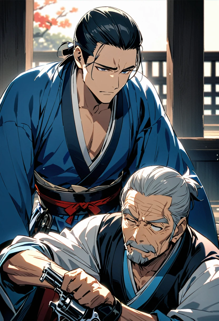 Japanese men、Swordsmanship、Handsome、He had an old revolver、End of the Edo period、Shinsengumi、Light blue kimono、One person、strict、old man