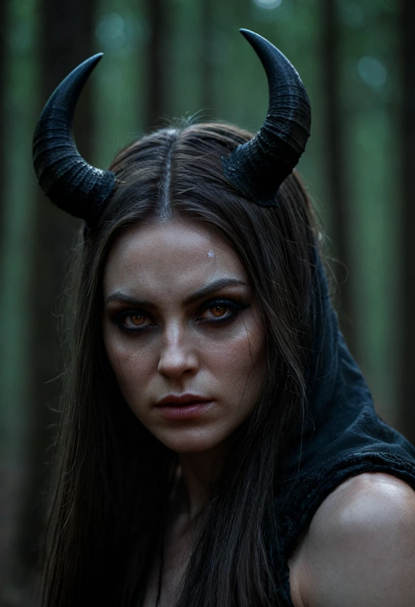 A  woman who is summoning a demon, predatorial eyes, devourer, very beautiful, highly detailed, 4k resolution, masterpiece,night forest scenario,digital art


