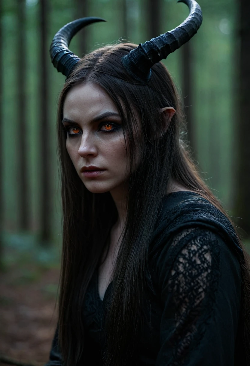 beautiful evil slavic muscular woman, pale skin, long hair, orange eyes, black horns, hood, sad, hurt, gloomy dark background, shrouded spirit, black horns, pinnacle, forest, (intricate details, hyperdetailed:1.15) (skin texture:1.2), cinematic, professional, 4k, (((dynamic model pose))), sitting, full body, mesmerizing, dynamic, dramatic, dynamic pose, highly detailed skin with hair, subcutaneous veins, light and shadow play, highly detailed,24mm photograph, film, bokeh, professional, 4k,