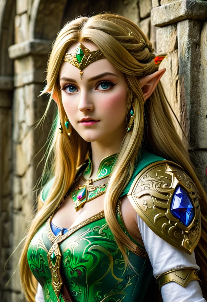 a masterpiece graffiti art of Princess Zelda on the wall of a castle, ,Princess Zelda (intense details, Masterpiece, best quality: 1.5), ultra detailed face, ultra feminine, fair skin, exquisite beauty, gold hair, long hair, wavy hair, small pointed ears, dynamic eyes color, wearing heavy green and white armor, shinning metal, armed with elven sword, ais-graffiti