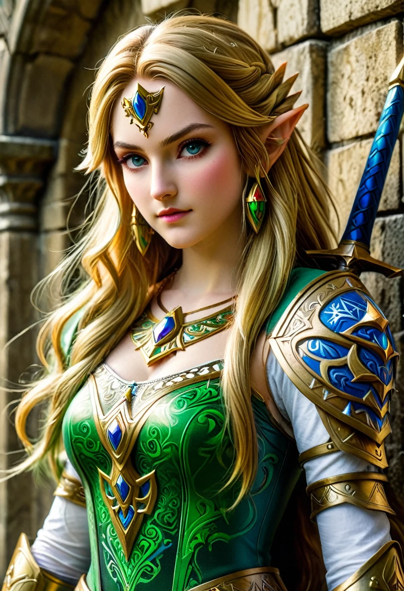 a masterpiece graffiti art of Princess Zelda on the wall of a castle, ,Princess Zelda (intense details, Masterpiece, best quality: 1.5), ultra detailed face, ultra feminine, fair skin, exquisite beauty, gold hair, long hair, wavy hair, small pointed ears, dynamic eyes color, wearing heavy green and white armor, shinning metal, armed with elven sword, ais-graffiti