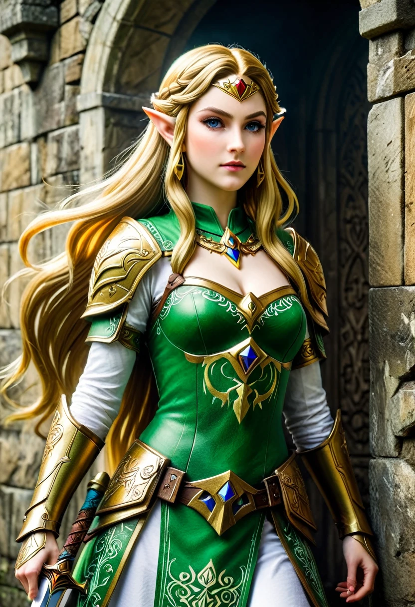 a masterpiece graffiti art of Princess Zelda on the wall of a castle, ,Princess Zelda (intense details, Masterpiece, best quality: 1.5), ultra detailed face, ultra feminine, fair skin, exquisite beauty, gold hair, long hair, wavy hair, small pointed ears, dynamic eyes color, wearing heavy green and white armor, shinning metal, armed with elven sword, ais-graffiti