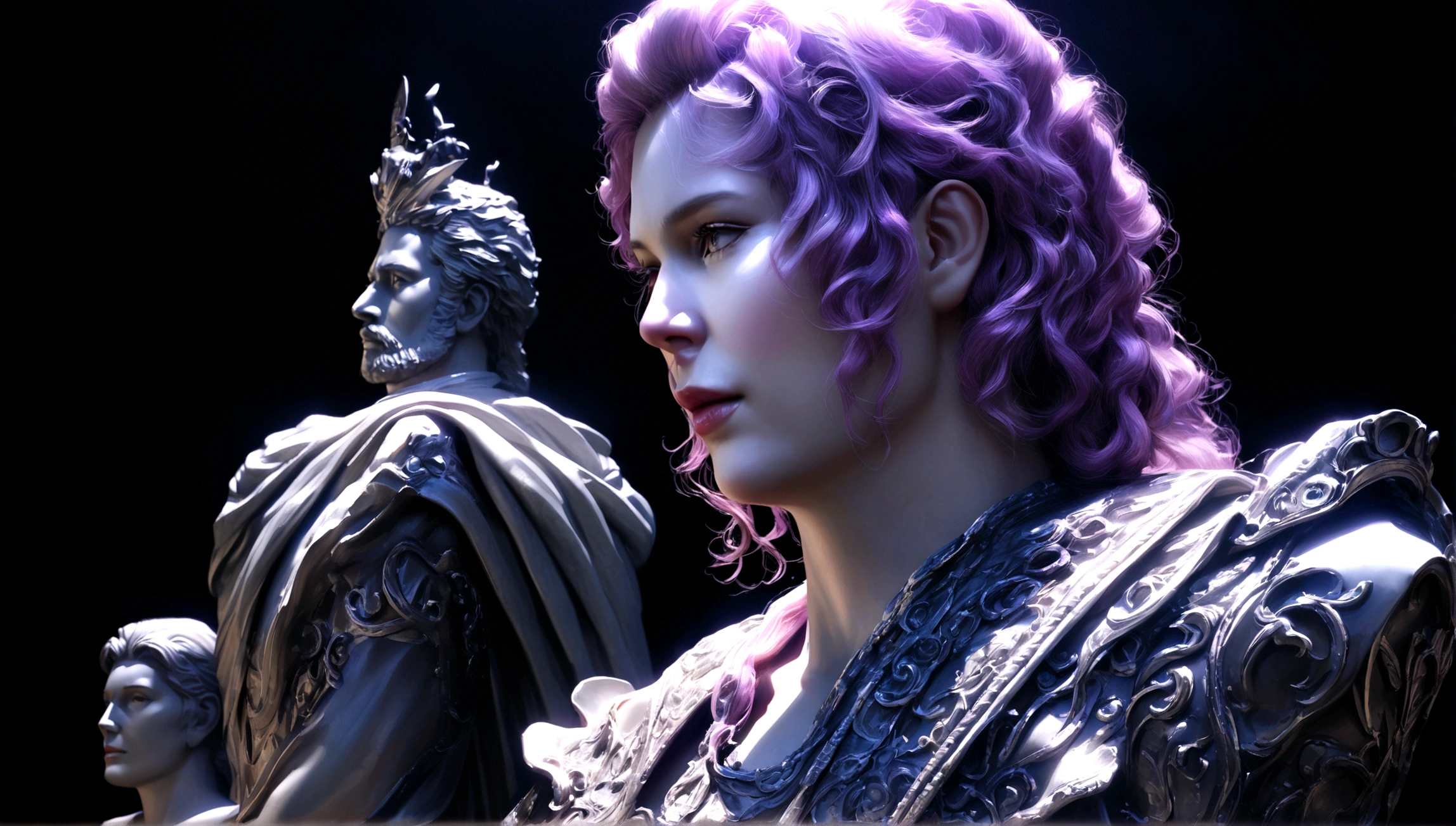 intricate detailed statue of marcus aurelius, black background, neon purple accents, highly detailed silver elements, realistic, photorealistic, photo-realistic:1.37, best quality,8k,masterpiece:1.2,ultra-detailed,extremely detailed sculpture,professional, vivid colors, dramatic lighting