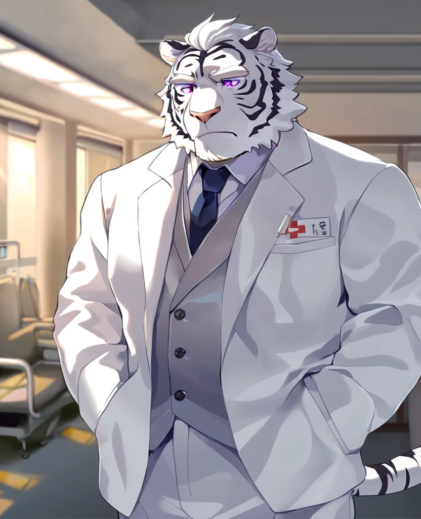 White Tiger，personification，Mature male，Strong Man，White hair，black strips，Cold expression，Purple pupils，White eyebrows，White suit suit，Hands in pockets，The Age of Steam，Hospital Office。