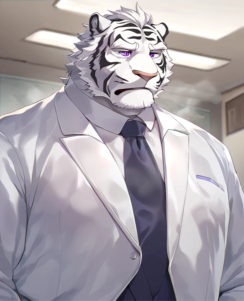 White Tiger,personification,Mature male,Strong Man,White hair,black strips,Cold expression,Purple pupils,White eyebrows,White suit suit,Hands in pockets,The Age of Steam,Hospital Office。