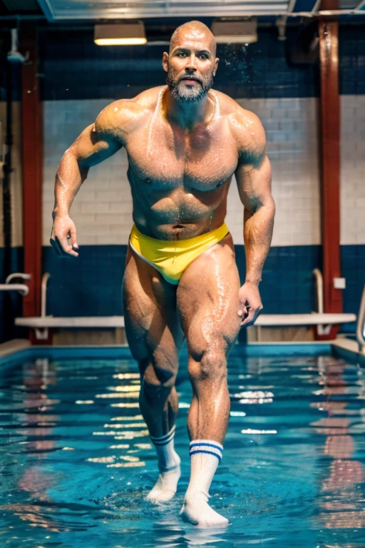 A yellow-skinned man, Swimming instructor, Dirty white socks and beard，Detailed muscles