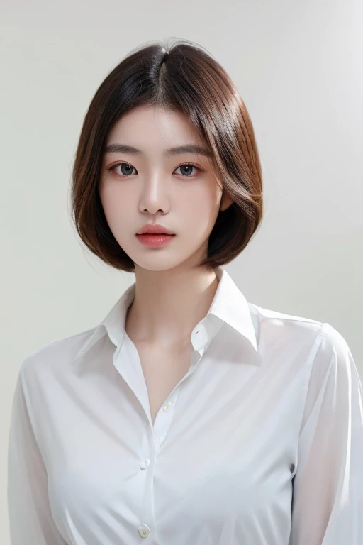 Highest quality、masterpiece、Ultra-high resolution、(Realism:1.4)、 1 person、In a pale background、Deep Shadow、Low Key、Shortcuts、Upper Body、sex appeal、Wearing a thick T-shirt、Cosmetic CM