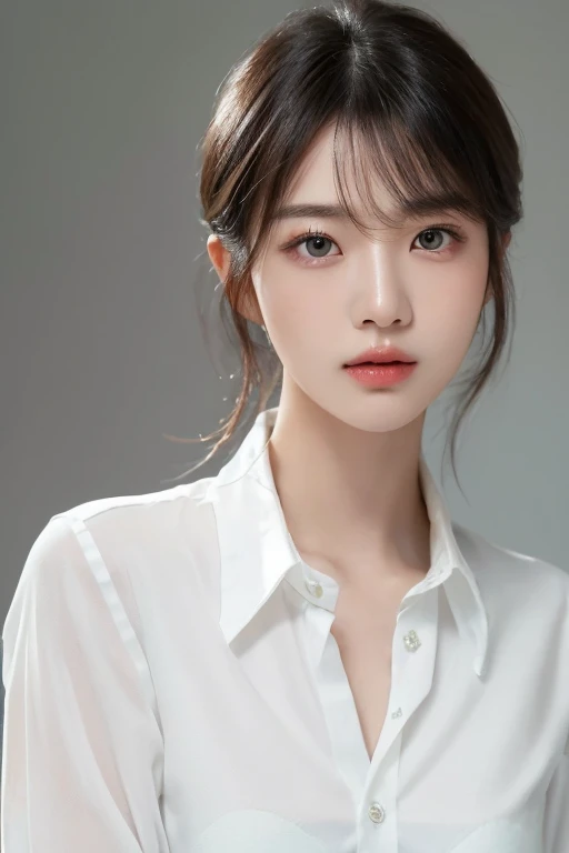 Best Quality, 8k, Masterpiece, (Portrait: 1.3), (photo realistic:1.4), (hyper realistic:1.4), Sharp Focus, looking at viewer, (smoother lighting:1.1), (increase cinematic lighting quality:0.9), realistic lighting, backlighting, light on face, ray trace, (brightening light:1.2), (Increase quality:1.4), sharp detail, (best quality real texture skin:1.4), finely detailed eyes, black_eyes, finely detailed face, 25 year old Korean woman, (white formal_shirt:1.4), (Create an image maintaining the original base model hairstyle:1.5)