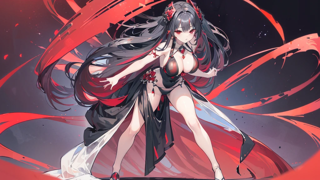 (Exquisite eyes),(Clear and beautiful eyes:1.61),masterpiece, ung girl,(Black clothes and some red gems), Black long hair, (She has a huge red gem on her chest), Good Hand,((The Havoc of StarCraft)),full-body shot,Fighting Stance,(Red Eyes:1.466),short and small,(Very big breasts:1.35),(Pretty Face),(full-body shot:1.33),Beautiful hands