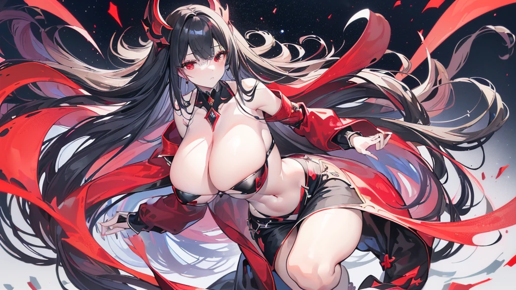 (Exquisite eyes),(Clear and beautiful eyes:1.61),masterpiece, ung girl,(Black clothes and some red gems), Black long hair, (She has a huge red gem on her chest), Good Hand,((The Havoc of StarCraft)),full-body shot,Fighting Stance,(Red Eyes:1.466),short and small,(Very big breasts:1.35),(Pretty Face),(full-body shot:1.33),Beautiful hands