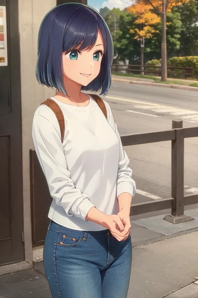 girl, jeans, white sweater, denim jacket, street, autumn, smile