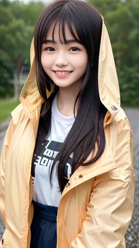 Cute moves、cute smile、16 years old，delicate body，small breasts，black haired，long hair、outdoor、body whole、rain、Upper body、Jacket、hoodie, open Jacket、Upper body、