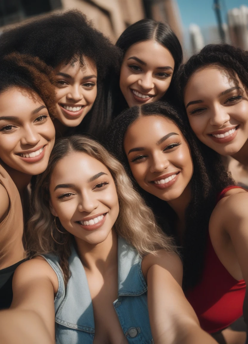 Light skinned group of beautiful females, happily posing for a selfie